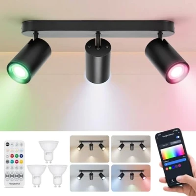 Immagine di Aigostar Faretti da Soffitto Orientabili Intelligente LED Compatibile con Alexa Bluetooth Mesh, Plafoniera Dimmerabile RGB+CCT 2700K 6500K, GU10 4.9W Faretto Parete 3 Luce per Soggiorno Cucina