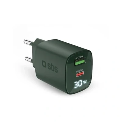 Immagine di SBS caricatore multiporta 30W con LCD, 1 porta USB C e A, presa europea, Power Delivery, ideale per smartphone Android, iPhone, tablet, MacBook