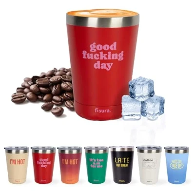 Immagine di Fisura Tazza Bicchiere termico originale. thermo da caffè portare. viaggio 310 ml. termica in acciaio inossidabile. Senza BPA. per auto. (Day, rosso)