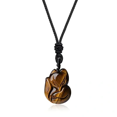 Immagine di COAI Pendente Volpe in Occhio di Tigre Marrone, Collana Unisex Laccio Regolabile con Pietre Naturali