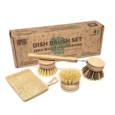 Immagine di Jungle Culture® Set di 4 Spazzole per Piatti Naturali Eco e Spugna Abrasiva Pentole Pulizia a Base Piante con 3 Testine Ricambio