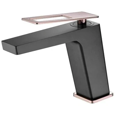 Immagine di MICE Rubinetto per lavabo Rubinetteria da bagno monocomando con leva quadrata Serie Svezia BDC032 1NOR Nero Opaco e Oro Rosa