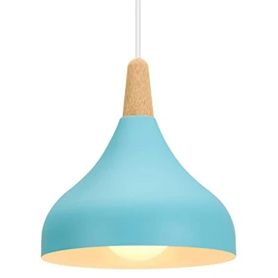 Immagine di iDEGU Lampada a Sospensione Retrò LED Soffitto in Legna Metallo Moderna Lampadario Forma di Goccia Stile Scandinavo Plafoniera per Soggiorno Sala Da Pranzo Camera, 20 cm (Blu, 1 Pezzo)