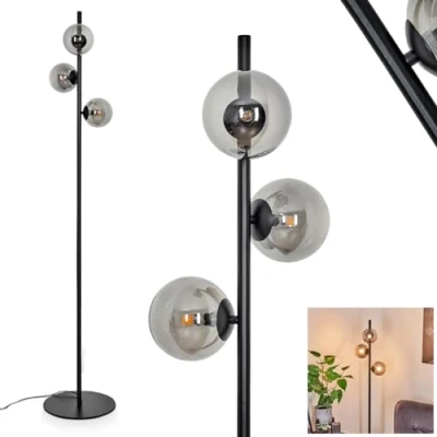 Immagine di HOFSTEIN lampada a stelo Remaisnil moderna da terra in metallo/vetro vetro nero/fumo, con ombrelli (Ø 12 cm), interruttore pedale sul cavo, 3 x G9, senza