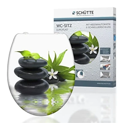 Immagine di SCHÜTTE sedile WC Duroplast JASMIN, con abbassamento automatico e chiusura rapida per una facile pulizia, carico massimo sugli occhialini 150 kg, motivo pietre 82367