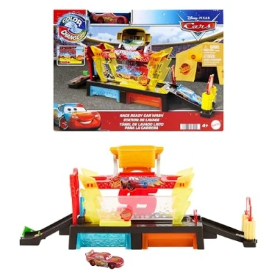 Immagine di Mattel CARS Autolavaggio Corsa Cambia Colore, playset Disney Pixar con rampa e vasca lungo 50+ cm, include il veicolo Saetta McQueen giocattolo per bambini, 4+ anni, JBM70