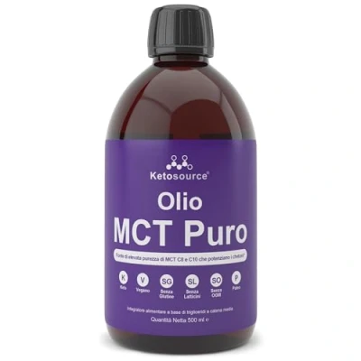 Immagine di Olio MCT puro Ketosource® Fonte ad alta purezza di C8 e C10 che potenziano i chetoni Supporta la nutrizione il digiuno cheto Sicuro per vegani senza glutine Flacone da 500ml