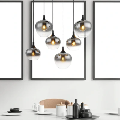 Immagine di Globo Lampada a sospensione Maxy, lunghezza 86 cm, grigio fumo, vetro, 6 luci.