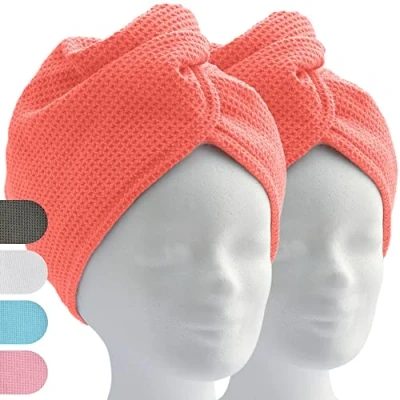 Immagine di ELEXACARE turbante asciugacapelli, asciugamano con bottone (2 pezzi, rosso corallo), in microfibra per capelli
