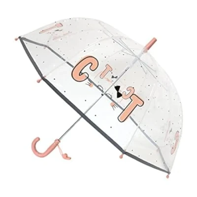 Immagine di SMARTBULLE Ombrello trasparente per bambini con bordo fluorescente: Frangivento; Diametro=71cm; Apertura manuale; bambini; Design : Gattino.