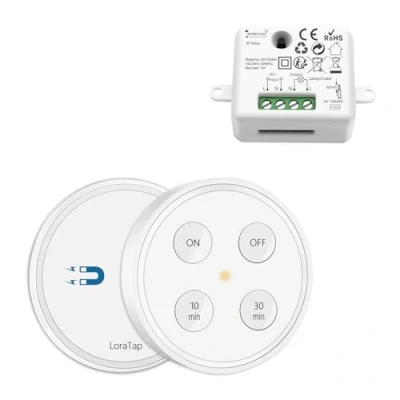 Immagine di Interruttore Luce Senza Fili, LoraTap Telecomando con Timer 10min/30min, Wireless On/Off Switch a Distanza per Lampada e Ventilatore Aspiratore, Modulo Relè RF 10A