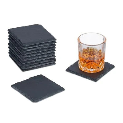Immagine di Relaxdays Sottobicchieri in Ardesia, Set da 12, Poggia Bicchieri, Sottobottiglia 10x10 cm, Accessori Bar, Antracite, Gommapiuma