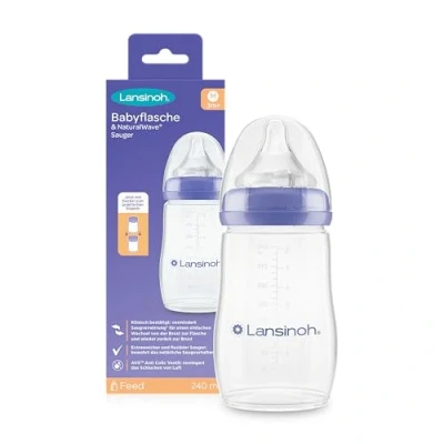 Immagine di Lansinoh Borraccia con tettarella NaturalWave, misura M, 240 ml, design compatto per una maggiore stabilità, coperchio impilabile