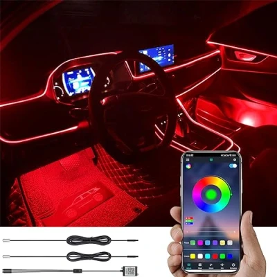 Immagine di TABEN Kit Luce Atmosfera per Auto Sincronizzazione Musicale Multicolore RGB 16 Milioni di Colori 3 Metri Fibra Ottica USB Illuminazione Ambientale, Suono Attivo e Wireless Bluetooth Controllo App 12V
