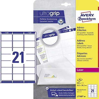 Immagine di Avery Zweckform L7160 40, 40 fogli, Etichette indirizzi per buste formato C6, 63,5 x 38,1 mm