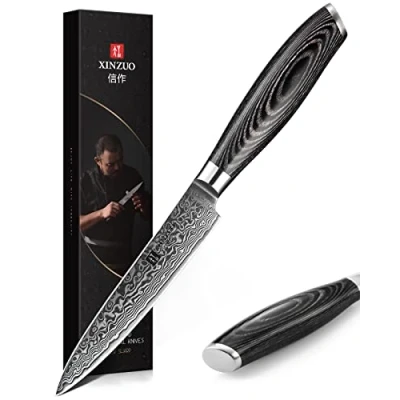 Immagine di XINZUO Acciaio Damasco 12.6cm Coltello Multiuso, Universale Professionale Multifunzione Coltelli per Sbucciare Frutta e Verdura con Ergonomico Manico in Legno di Pakka