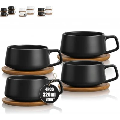 Immagine di VETIN Set 4 tazze da cappuccino con piattino, tazza in marmo, tazzine caffè porcellana 300 ml per tè cappuccino, disco legno (Nero*4)