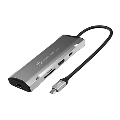 Immagine di j5create Hub USB C 4K 60Hz HDMI, 10Gbps, 2 A 100W PD con 5Gbps, Ethernet, lettore di schede SD 4.0 per MacBook, XPS, Surface Pro (JCD393)