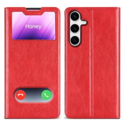 Immagine di Cadorabo Custodia compatibile con Samsung Galaxy S24 in ROSSO ZAFFERANO Coperchio protettivo chiusura magnetica, funzione stand e 2 finestre di visualizzazione