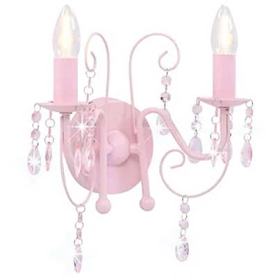 Immagine di vidaXL Lampada da Muro con Perle Cristallo Rettangolare 2 E14 Lampadario Luce per Interni Base in Metallo Rosa Gocce Acrilico Trasparente