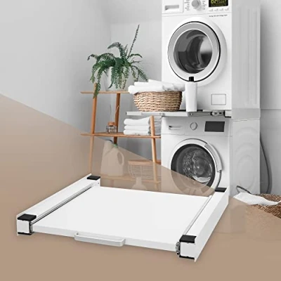 Immagine di ML Design Telaio Intermedio con Ripiano Estraibile in Acciaio 60 x cm Bianco per Lavatrice/Asciugatrice Piano Estensibile Cesto Portabiancheria Kit di Sovrapposizione Universale Maniglia