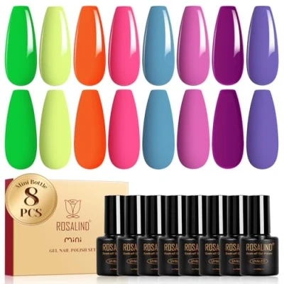 Immagine di ROSALIND Smalti Semipermanenti per Unghie, 8 Colori Verde Giallo Arancione Rosa Blu Viola Smalto Semipermanente Colori, Soak Off UV/LED Gel Unghie DIY Nail Art Manicure Regalo