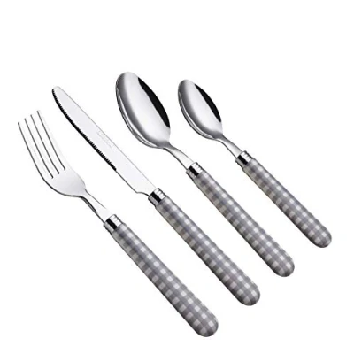Immagine di EXZACT Posate in acciaio inox 24 pezzi Motivo a quadretti/Maniglie colorate 6 x Forchette, Coltelli, Cucchiai Cena, Cucchiaini (24 Grigio)