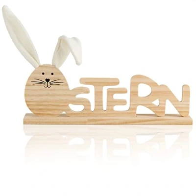 Immagine di com four® Espositore Decorativo per Pasqua Scritta con Simpatico Coniglio Decorazione Pasquale da appoggiare in Legno (1 Pezzo Marrone)
