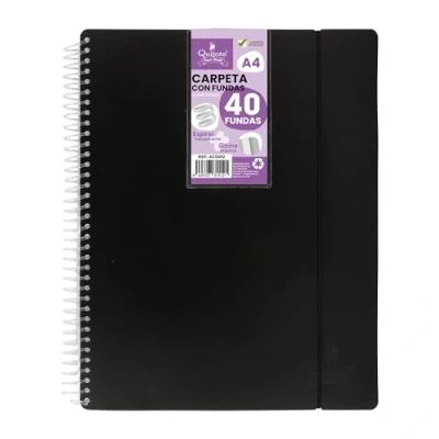 Immagine di Starplast Quijote Paper World Raccoglitore a spirale flessibile, con 40 custodie, trasparenti lisce, formato A4, copertina in plastica resistente. Uso ufficio, scuola, personale Colore nero.