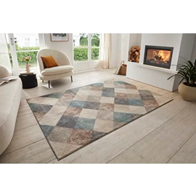 Immagine di HANSE Home Bakke Tappeto a pelo corto, moderno, motivo rombi, in tessuto piatto, per sala da pranzo, cameretta dei bambini, corridoio, cucina, crema, 80 x 120 cm