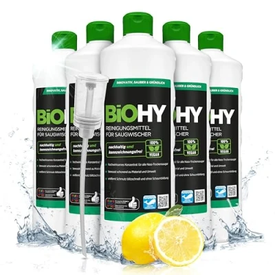 Immagine di BiOHY Detergente per scopa aspirante (6 bottiglie da 1l) + Distributore Concentrato 1:200 aspiraliquidi ideale piastrelle, PVC, parquet e moquette ecologico (Saugwischer)