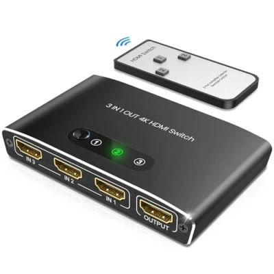 Immagine di Sdoppiatore HDMI, 4K@30Hz HDR Switch HDMI 3 In 1 Out con Telecomando, Alluminio Supporta 4K/3D/HDCP1.4/UHD/1080P, Splitter per TV, PC, Fire Stick, PS5/4/3, Xbox, Blu Ray, DVD Player