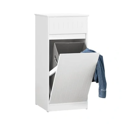 Immagine di SoBuy Mobile lavanderia con Cesto portabiancheria apribile, un cassetto, Mobiletto bagno Bianco 40x39x86cm BZR110 W