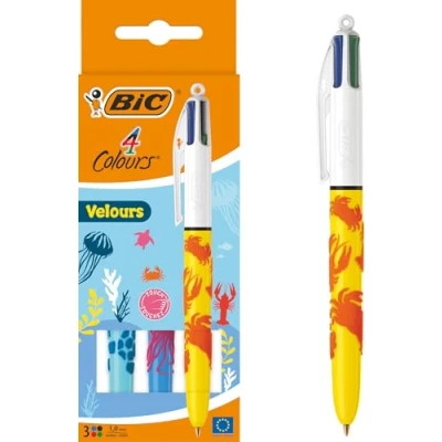 Immagine di BIC 4 Colori Velours Penna a sfera con punta media, 1 mm, confezione da 3 pezzi, colori: blu, rosso, verde e nero