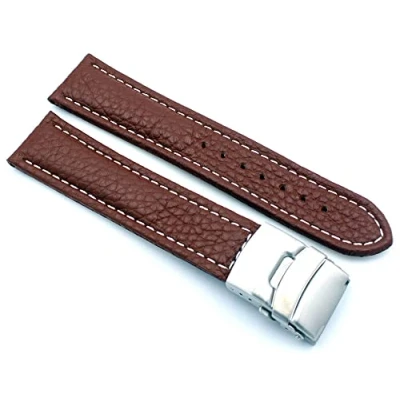 Immagine di Sulla Cinturino per orologio in vera pelle con fibbia deployante acciaio inox, cuciture bianche, marrone, 22mm, cinghia