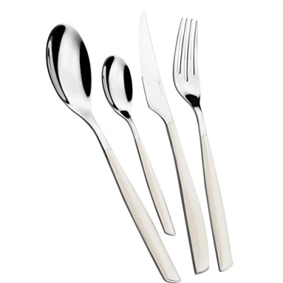 Immagine di BUGATTI, Glamour, Set Posate 4 Pezzi in Acciaio Inox 18/10 e Manico Colore Avorio. Servizio per 1 Persone Composto da Cucchiaio, forchetta, Coltello cucchiaino caffè