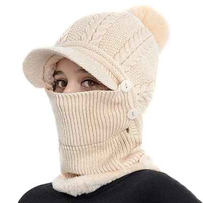 Immagine di TOEECY Berretto Invernale da Donna Set di Cappelli e Scaldacollo in Maglia Calda Spesso Pom Cappello Lavorato Flessibile Maschera per Il Viso Regolabile Sci Sport All&#039;aperto (Beige)