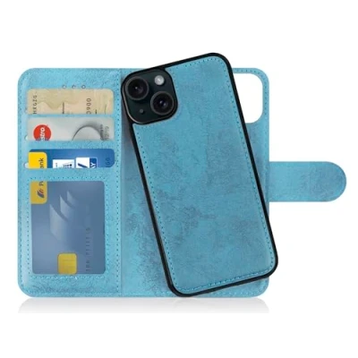 Immagine di MyGadget Cover per iPhone 15 Plus Custodia Libretto Magnetica Portafoglio Flip Wallet Case Porta Carte in Similpelle PU Removibile Blu chiaro