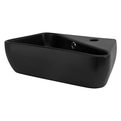 Immagine di ML Design Lavabo da Appoggio in Ceramica Nero Opaco Rettangolare 45 x 27 13 cm Lavandino con Attacco a Parete Lavello Lavamani Sanitari per Bagno Moderno Foro Rubinetto Destra