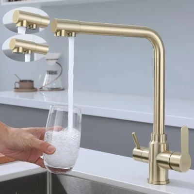 Immagine di SkyPanda Rubinetto da cucina a 3 vie, con doppia leva, penetrazione in 1, miscelatore girevole 360, 2 uscite, acciaio inox 304, oro spazzolato