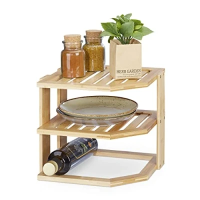 Immagine di Relaxdays Organizer Angolare in bambù, Scaffale su 3 Livelli, per Cucina, Bagno, Scrivania, HLP: 24x27x25,5 cm, Naturale