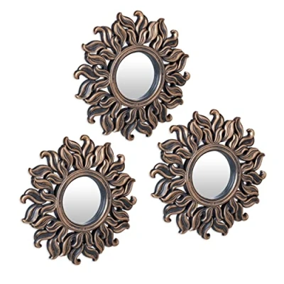 Immagine di Relaxdays Set da 3 Specchi Decorativi a Forma di Sole, Rotondi, Parete, Cornice in Plastica, Diametro 24 cm, Bronzo, 60% 40% Vetro