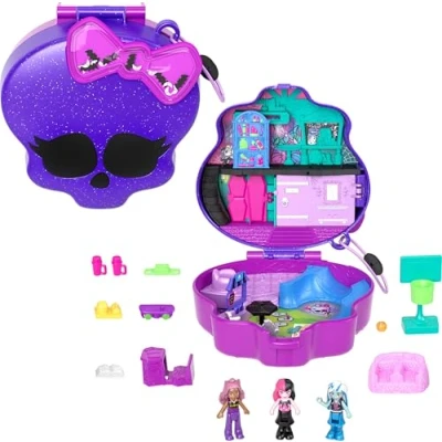 Immagine di Polly Pocket Monster High Set Mostramiche, playset scuola superiore con 3 micro bambole e 10 accessori da paura inclusi, giocattolo per bambini, 4+ anni, HVV58