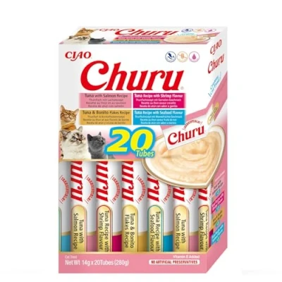 Immagine di INABA Churu Snack per Gatti Cremoso in 4 Varietà ai Frutti di Mare 20 Stick x 14g Cibo da Leccare, Sano e Delizioso Gatto Senza Conservanti o Coloranti Artificiali, Grain Free