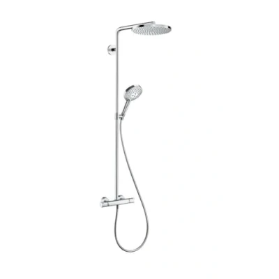 Immagine di hansgrohe Raindance Select S Colonna doccia con miscelatore termostatico, Sistema (⌀ 240 mm) rubinetto, doccetta (3 getti), tubo, asta e soffione tondo, cromo, 27633000