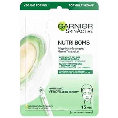 Immagine di Garnier maschera in panno viso per pelle secca ed eccitante, cura intensiva e rigenerazione, formula vegana con latte di mandorle acido ialuronico, Nutri Bomb, 28 g