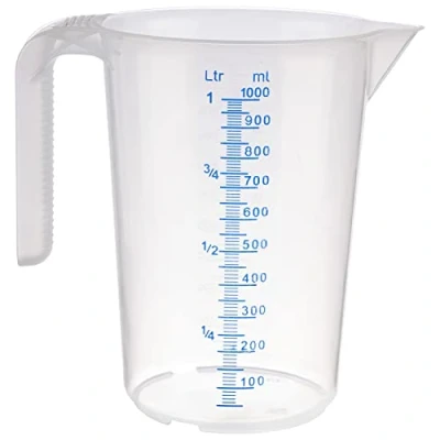 Immagine di APS Misurino da 1 litro, diametro 12 x altezza 16,5 cm, bicchiere in plastica con scala esterna rilievo, manico aperto, graduazione L/ml, lavabile lavastoviglie