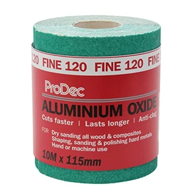 Immagine di ProDec Rotolo da 10 m di carta abrasiva in ossido alluminio verde grana fine 120, per levigare legno, vernice, intonaco, stucco, metallo e altro ancora, larghezza 115 mm, compatibile con