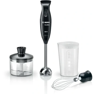 Immagine di Bosch MSM2650B, Frullatore a immersione, CleverMixx, motore 600 W, Impugnatura ergonomica, Lama acciaio inox quattro ali, Tritatutto e frusta inclusi, Facile da usare, Nero, antracite