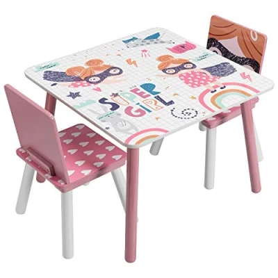 Immagine di EUGAD Tavolo per Bambini con 2 Sedie Tavolino e Sedia Bimbi Set Mobile in Legno Cameretta Asilo 6 Enni Colore Rosa 0006ETZY